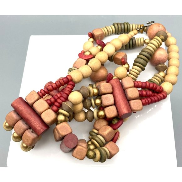 Muted Multi Strand Drape Necklace with Boho Wood Beads in Different Shapes - Picture 4 of 4